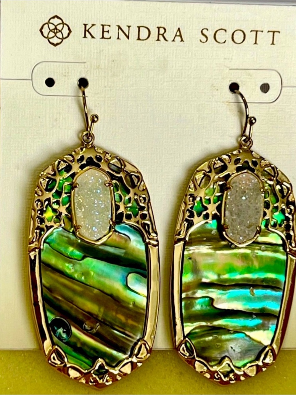 NWOT Rare & Retired Kendra Scott Deva Earrings Abalone Iridescent Drusy Yellow G